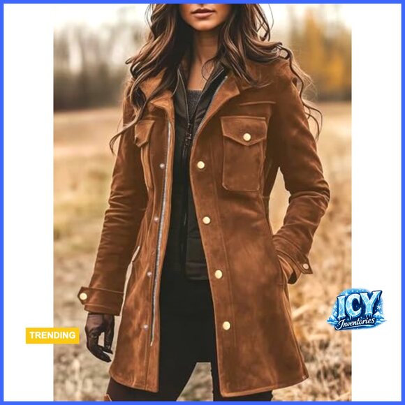 Women's Faux Suede Leather Jacket Zip Up Military Utility Safari Midi Long - Picture 2 of 2